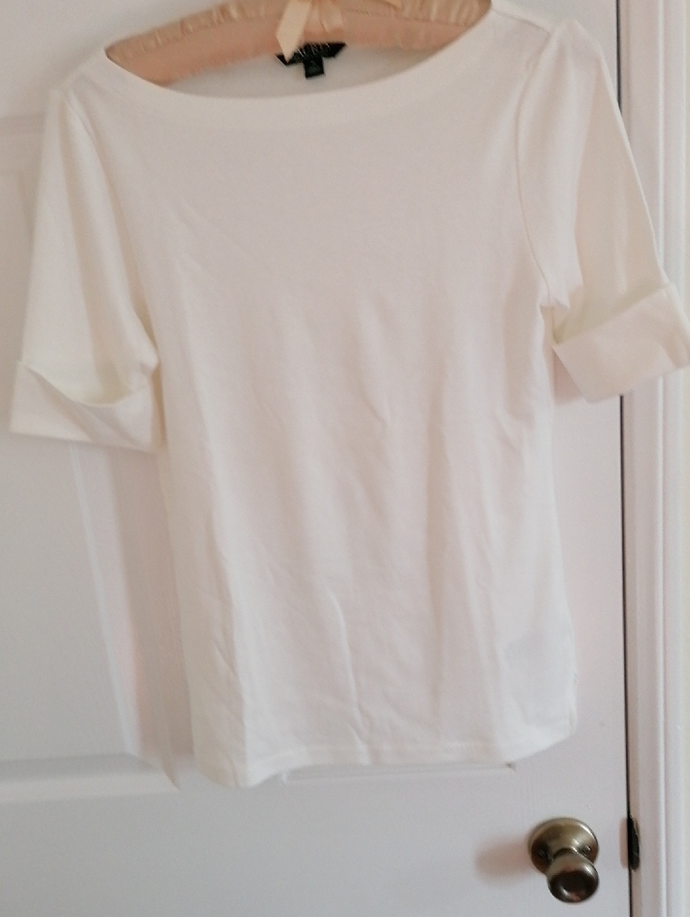 Lauren Ralph Lauren White Boat Neck Short Sleeve Top with cuffed short sleeves.